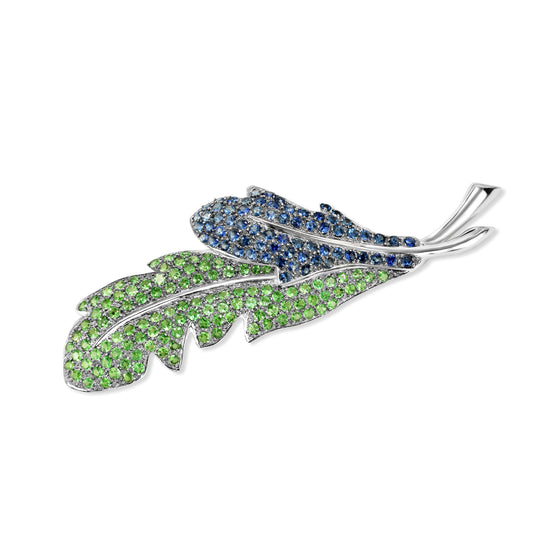 18k Green Garnet Blue Sapphire Leaf Brooch Pin