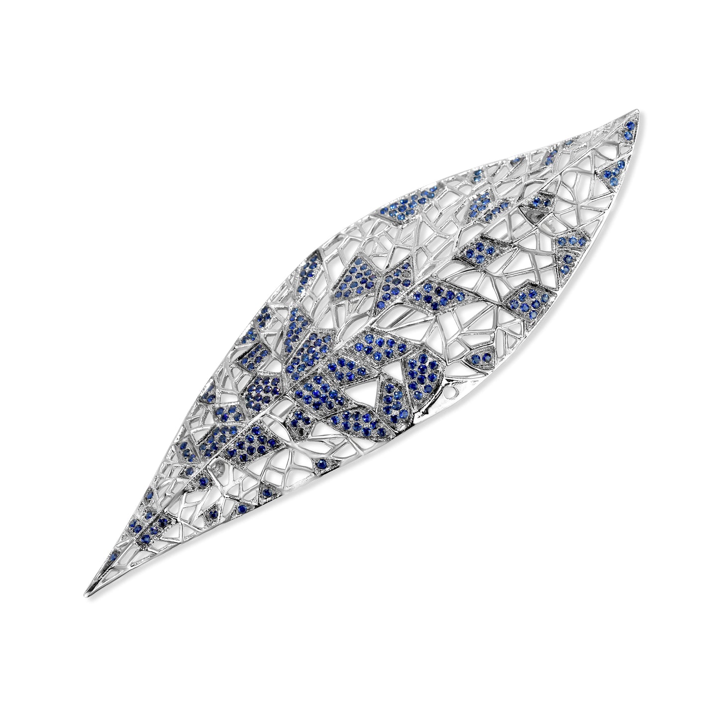 18k White Gold Blue Sapphire Leaf Brooch