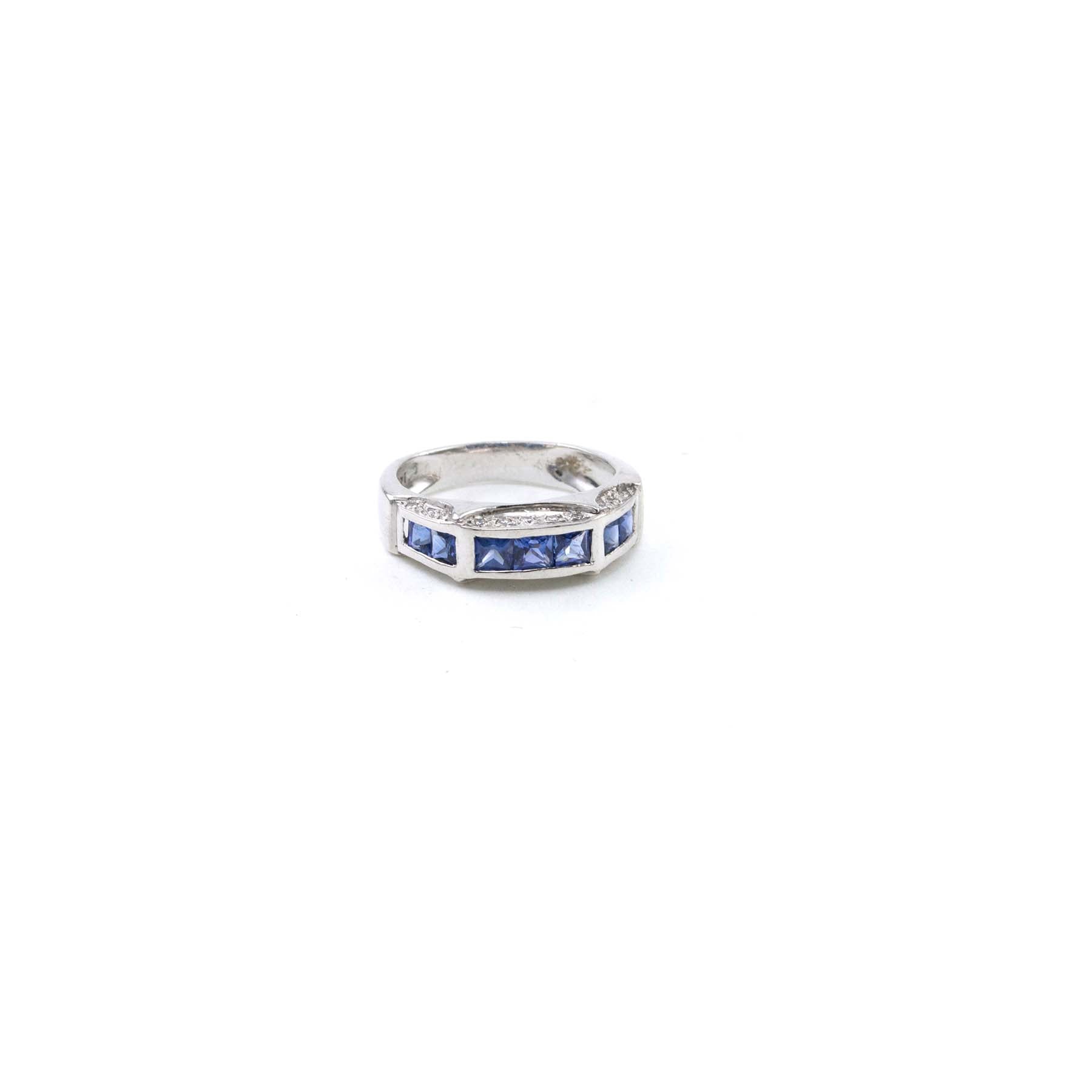 14k White Gold 3 Section Sapphire Diamond Ring - Size 7