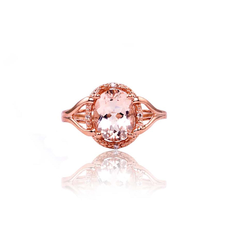 14k Rose Gold Morganite Diamond Oval Ring - Size 7