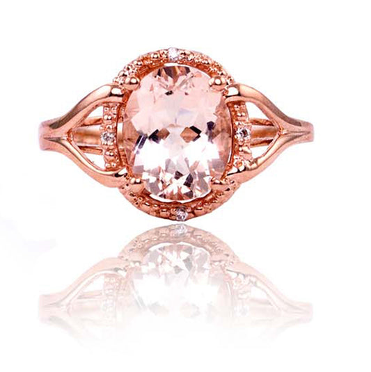 14k Rose Gold Morganite Diamond Oval Ring - Size 7