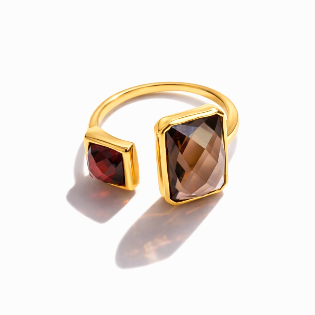 14k Garnet Smokey Quartz Open Ring