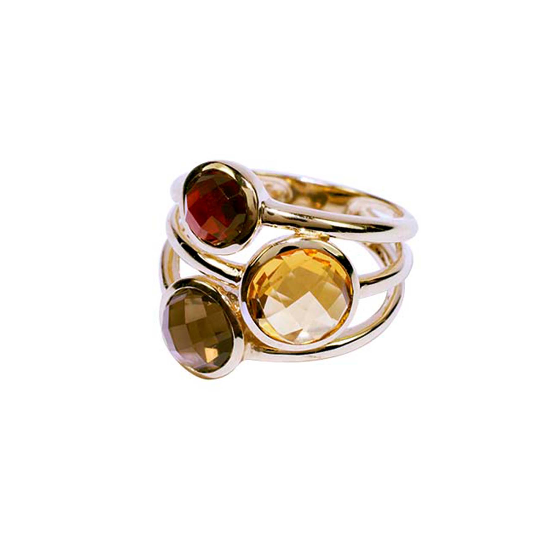 14k Garnet, Citrine, Smoky Quartz 3-Layer Ring