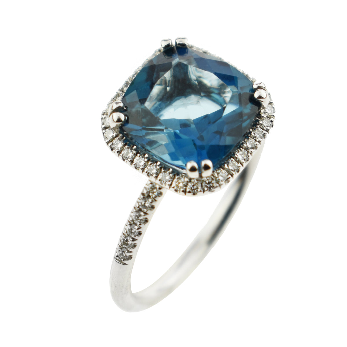 14k White Gold London Blue Topaz Cushion Vs Diamond Ring