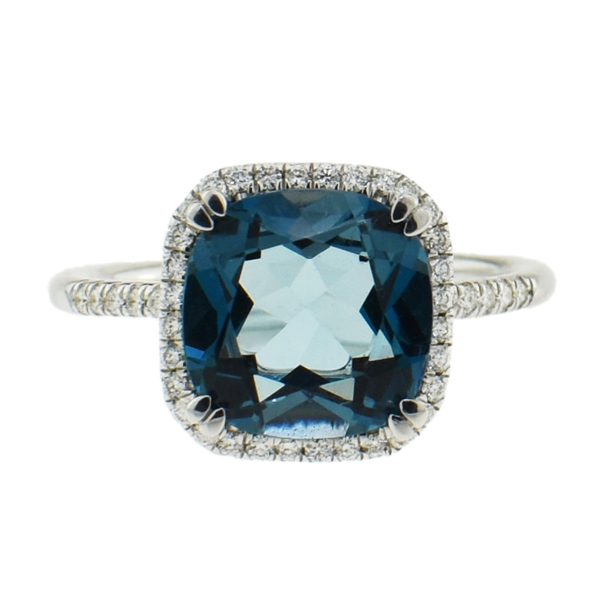 14k White Gold London Blue Topaz Cushion Vs Diamond Ring