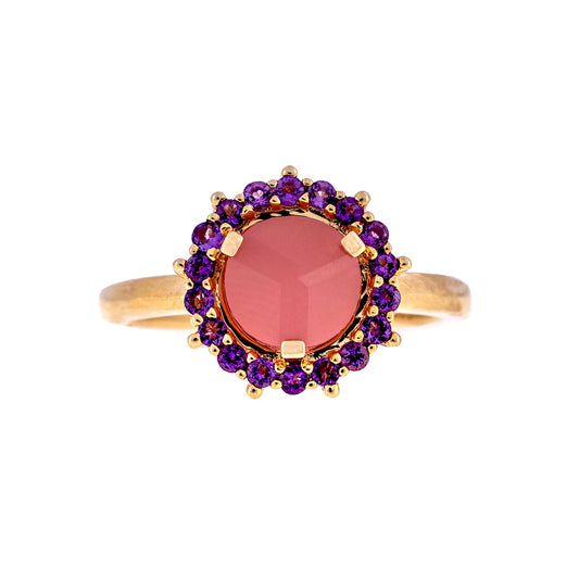 14k Guava Quartz Round 3D Cut Amethyst Ring