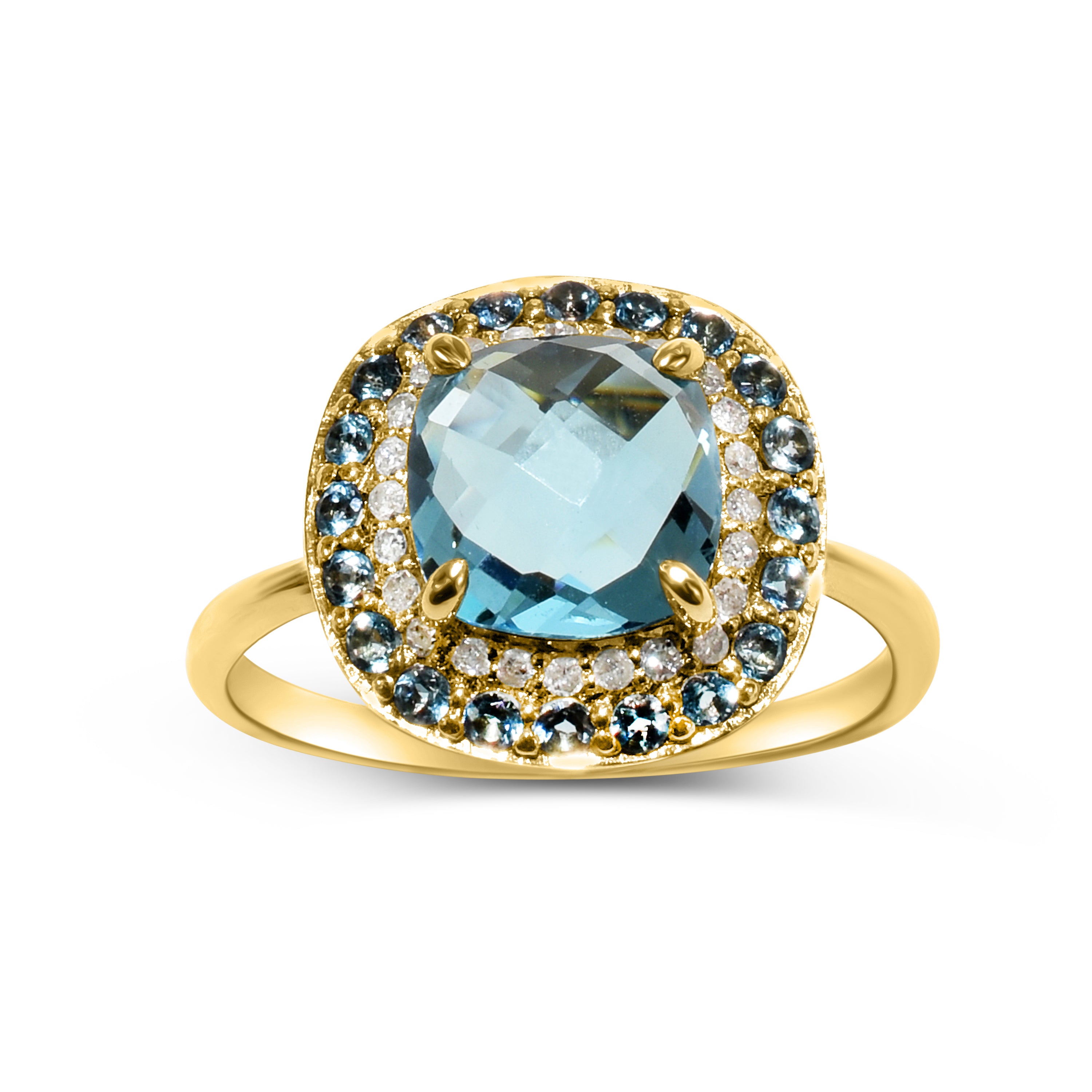 14k London Swiss Blue Topaz Diamond Cushion Shape Ring
