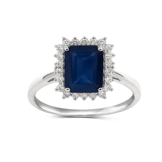 14k White Gold Sapphire Diamond Emerald Cut Ring
