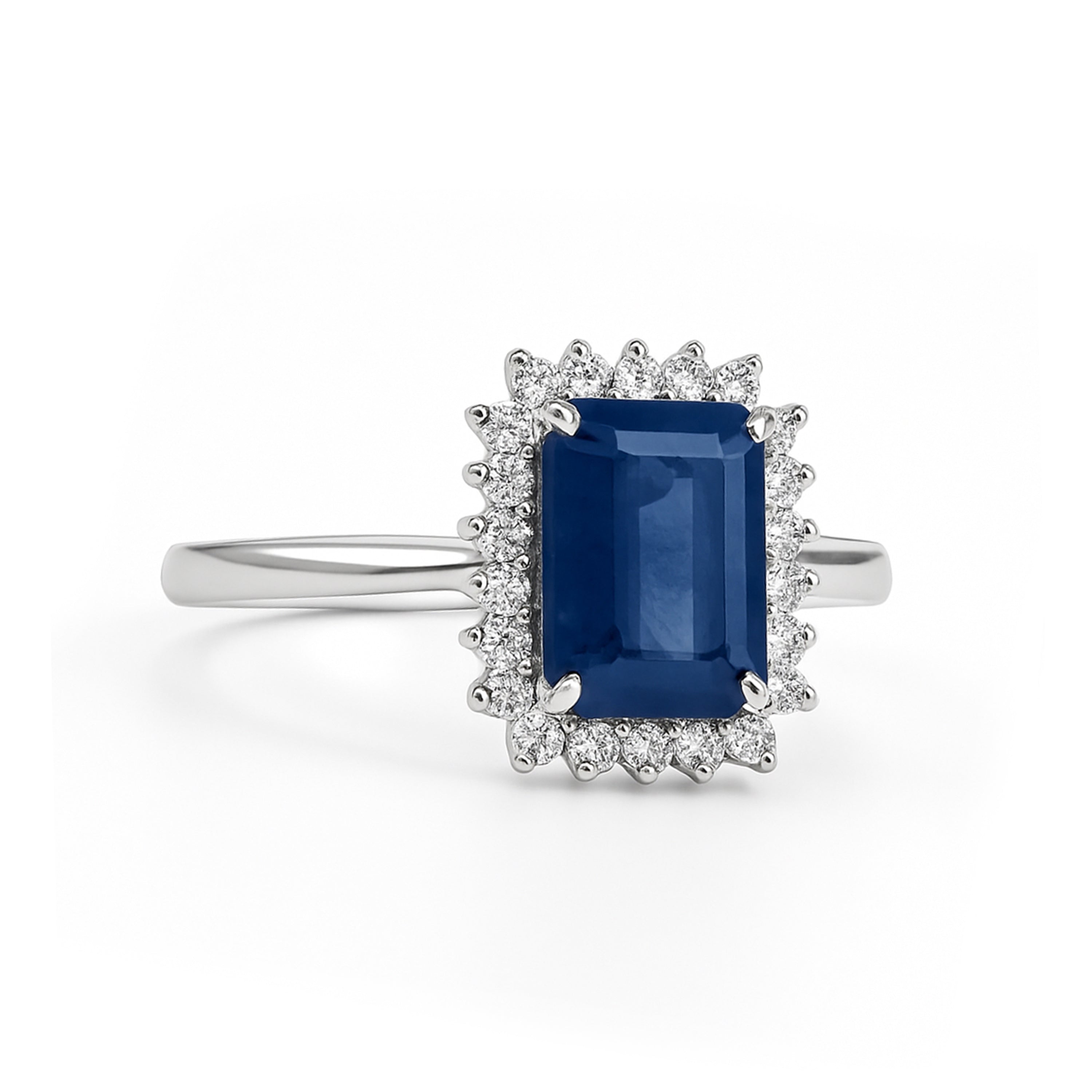 14k White Gold Sapphire Diamond Emerald Cut Ring