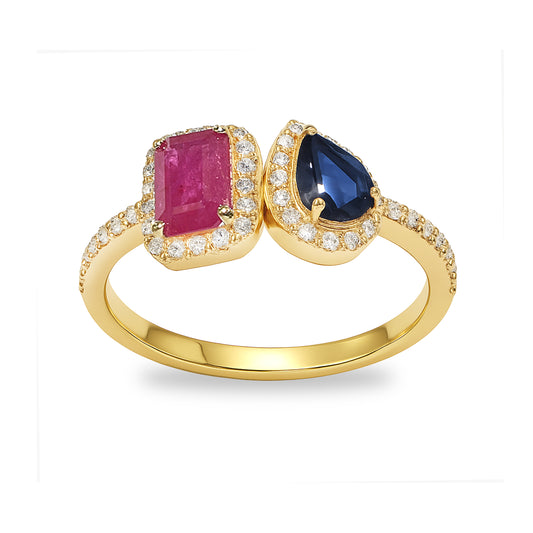 14k Ruby Sapphire Diamond Pear and Rectangle Ring