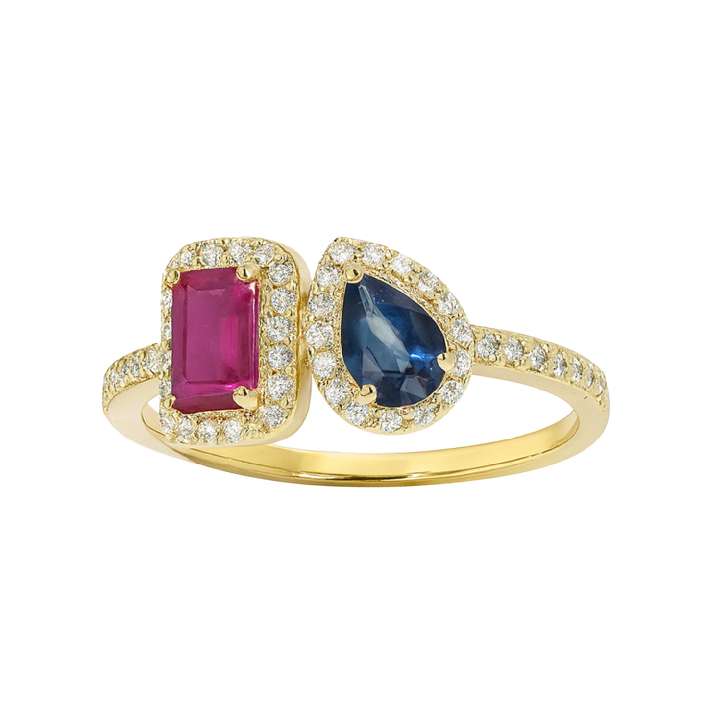 14k Ruby Sapphire Diamond Pear and Rectangle Ring
