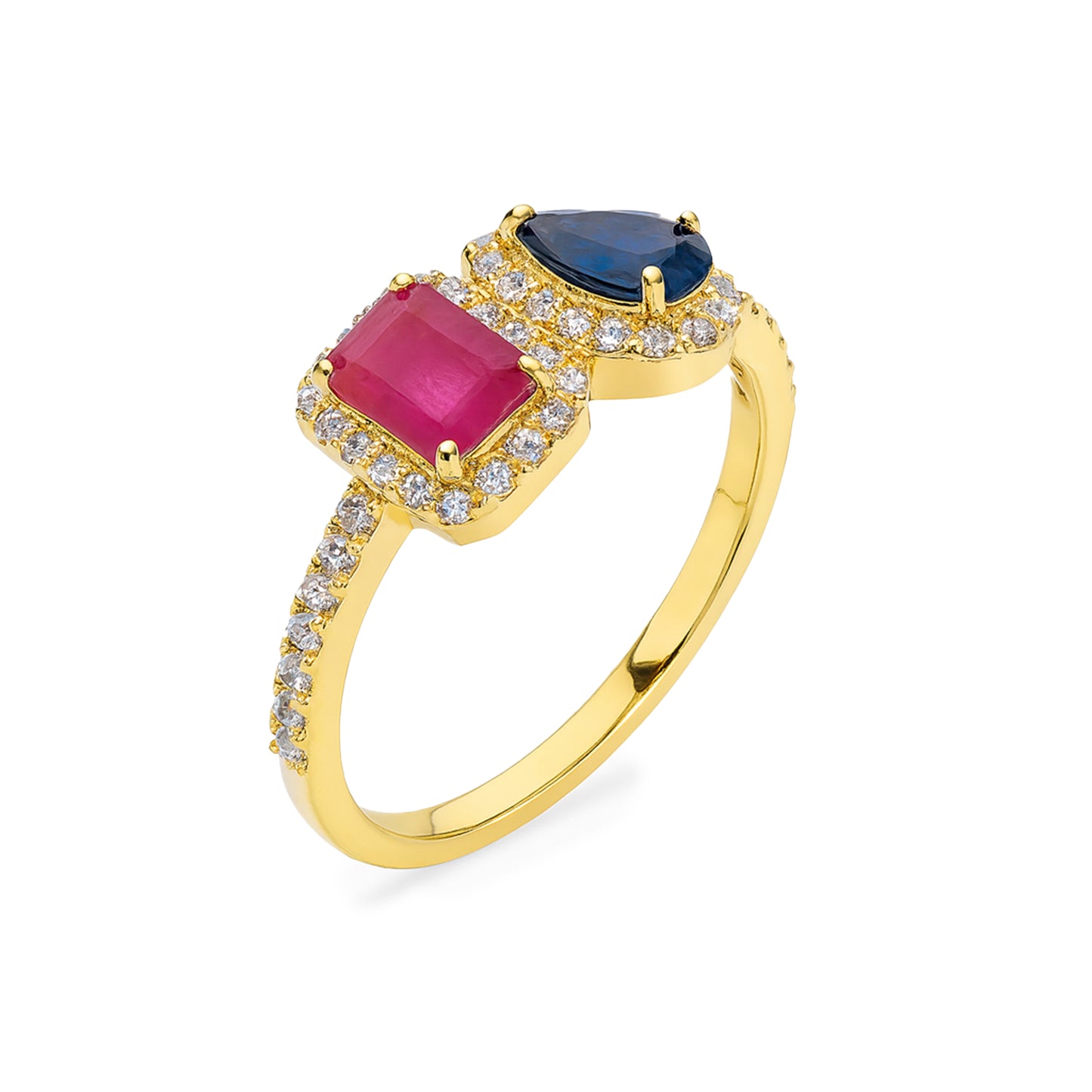 14k Ruby Sapphire Diamond Pear and Rectangle Ring