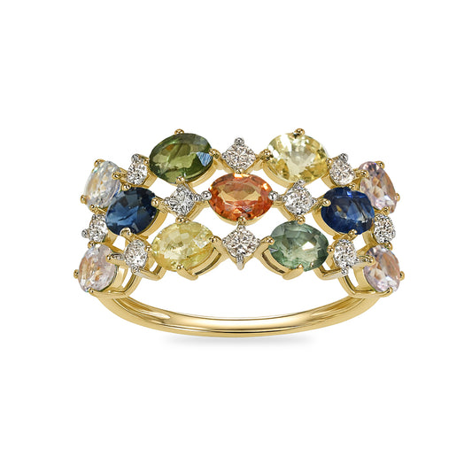 14k Multi Sapphire Diamond Oval Cluster Ring