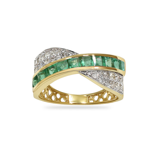 14k Emerald Diamond Crossover Channel Ring