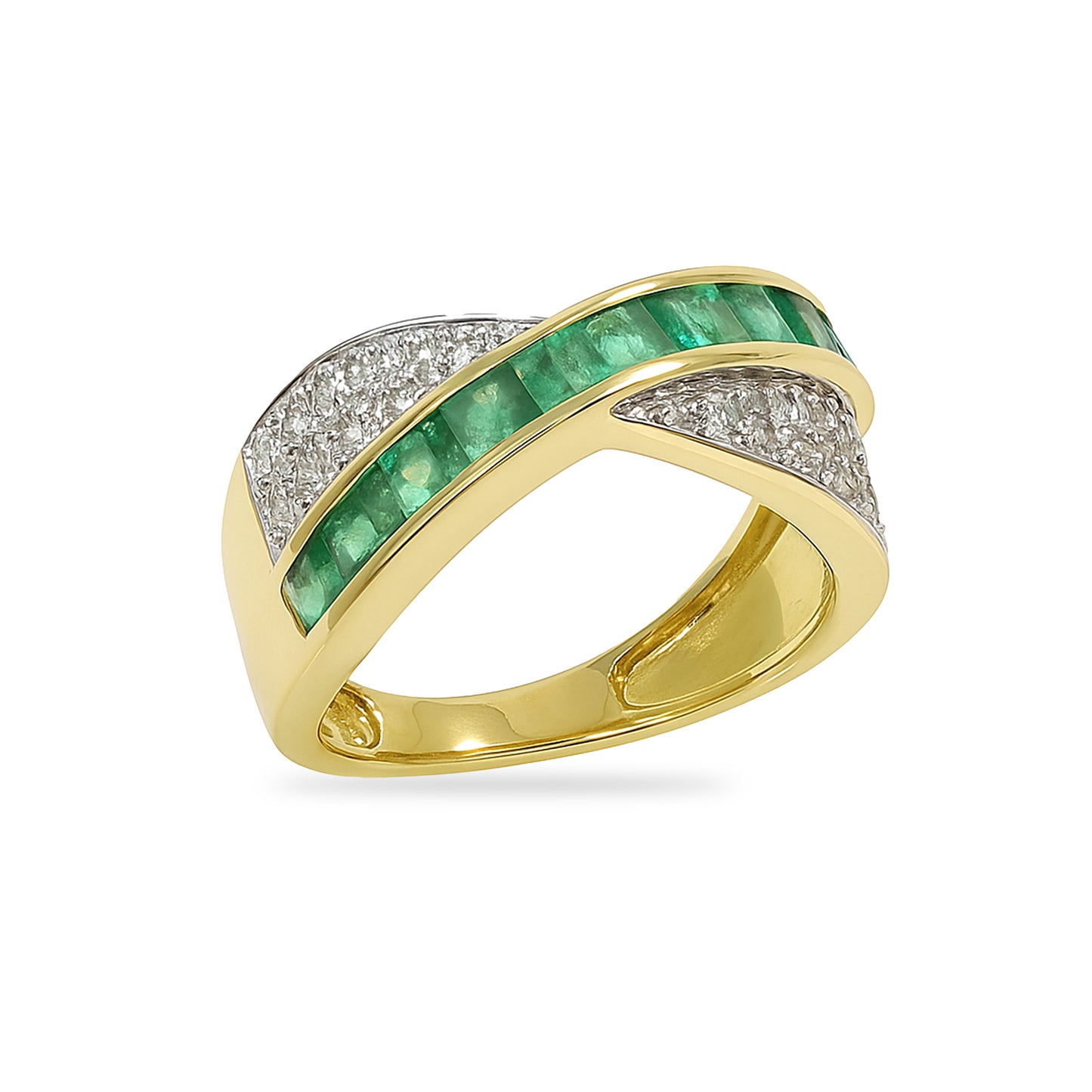 14k Emerald Diamond Crossover Channel Ring