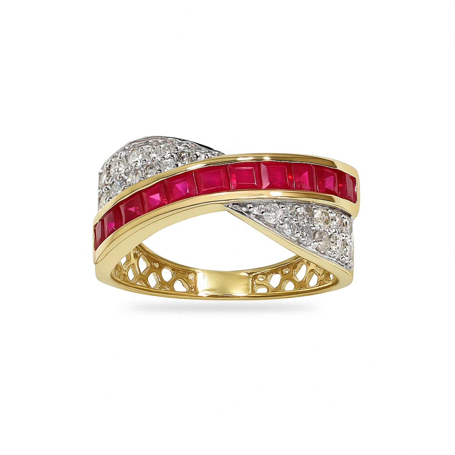 14k Ruby Diamond Crossover Channel Ring