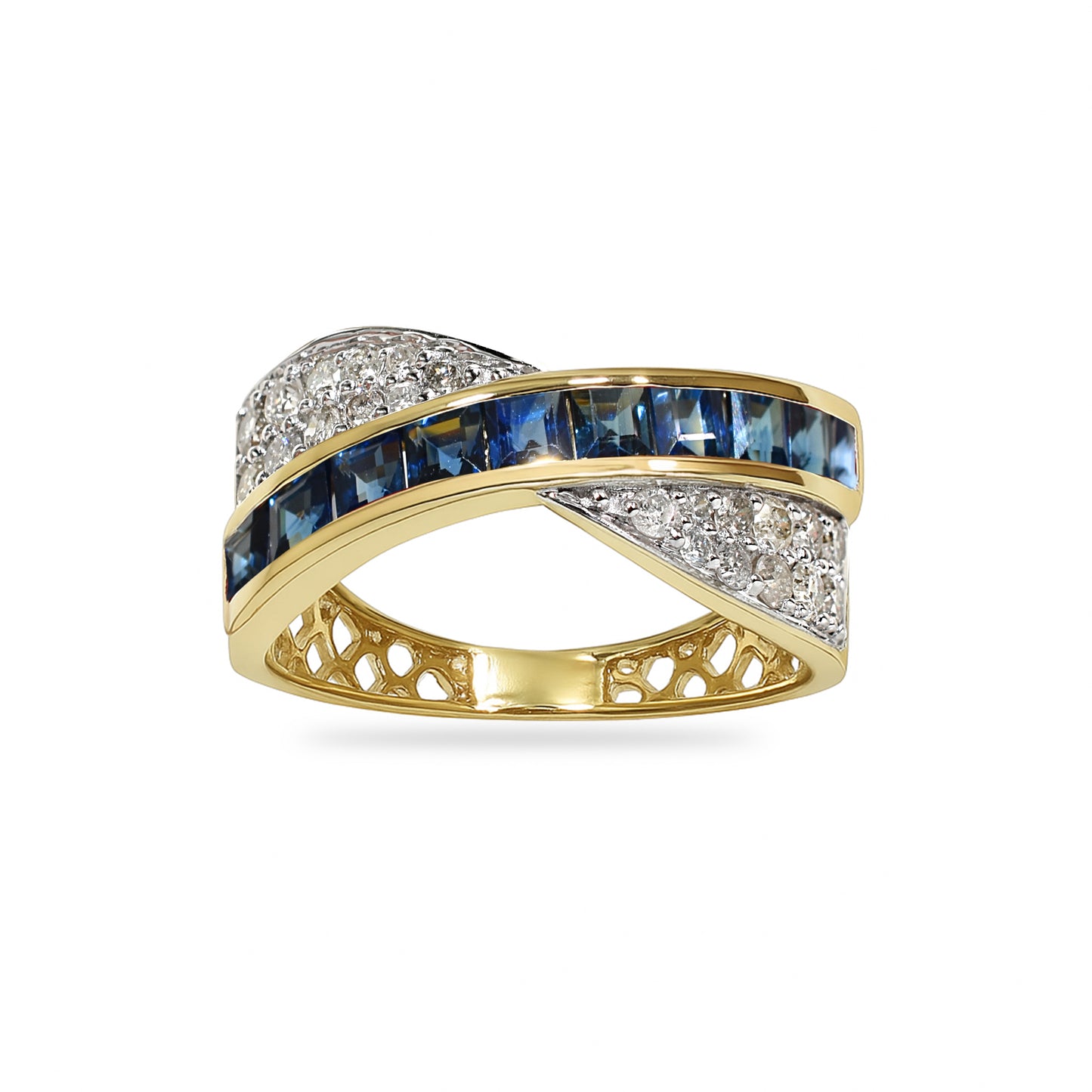 14k Sapphire Diamond Crossover Channel Ring