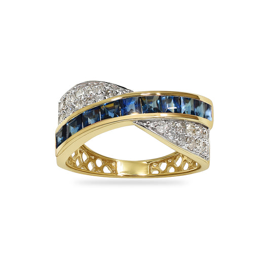 14k Sapphire Diamond Crossover Channel Ring