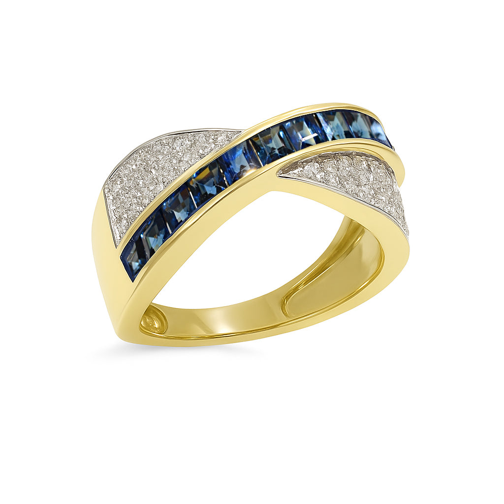 14k Sapphire Diamond Crossover Channel Ring