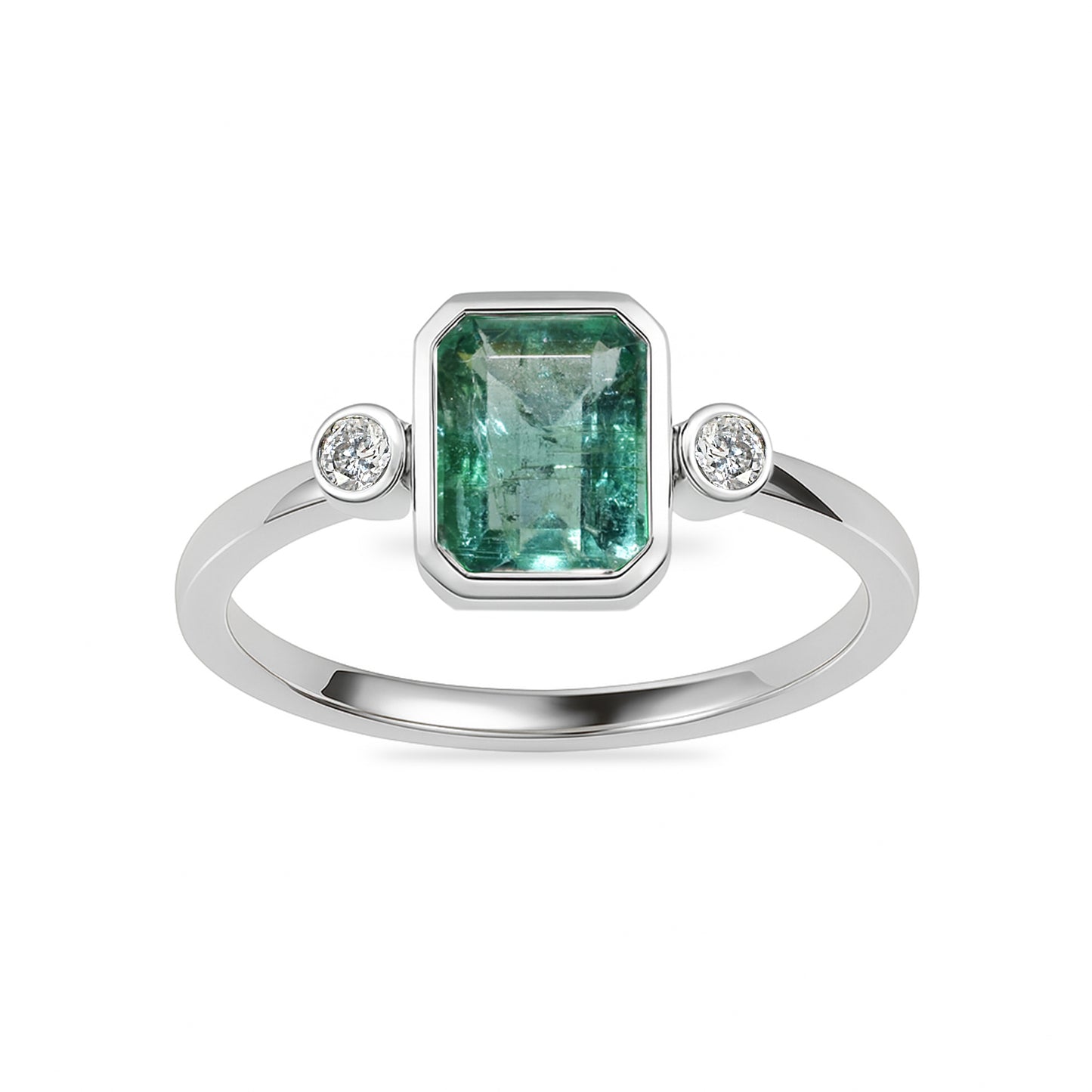 14k White Gold Emerald Diamond Rectangle Bezel Ring