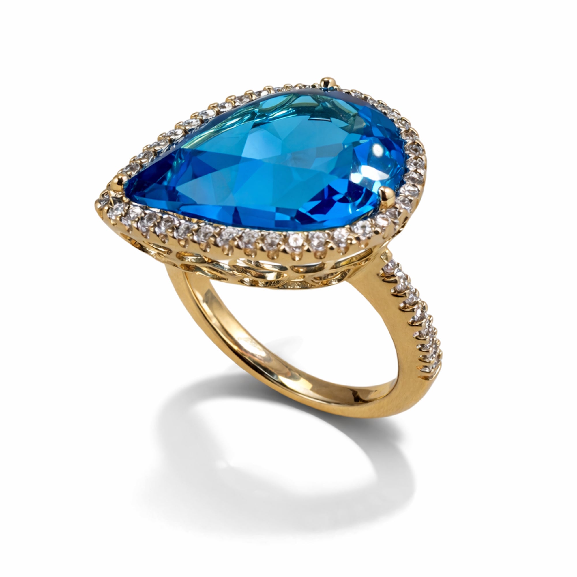 14k Pear-Shaped Swiss Blue Topaz with Diamonds Cocktail Ring