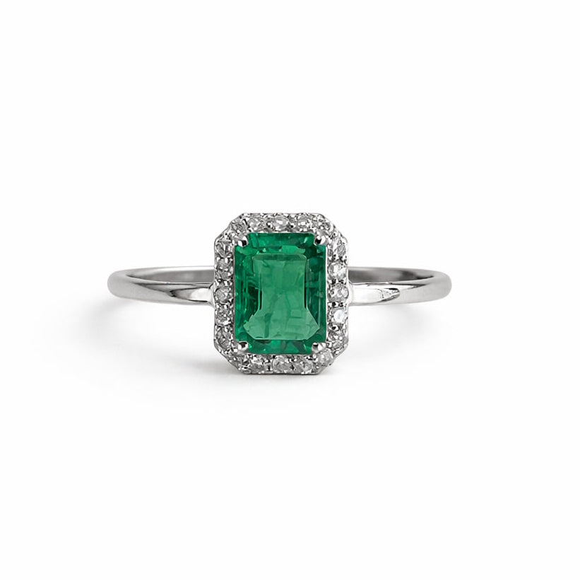 14k White Gold Emerald Diamond Square Ring