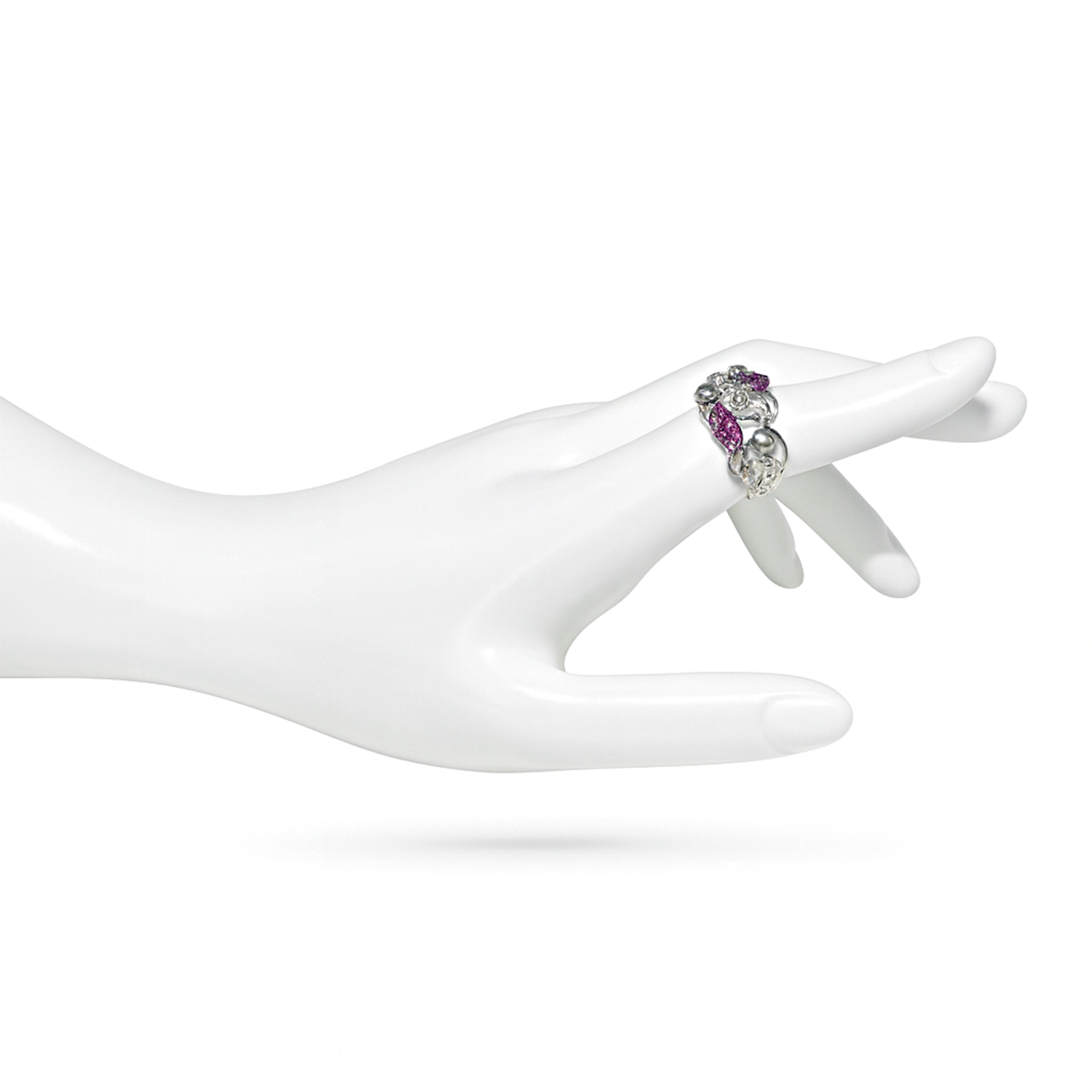18k White Gold Diamond Grey Pearl Pink Sapphire Ring