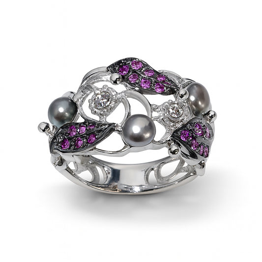 18k White Gold Diamond Grey Pearl Pink Sapphire Ring