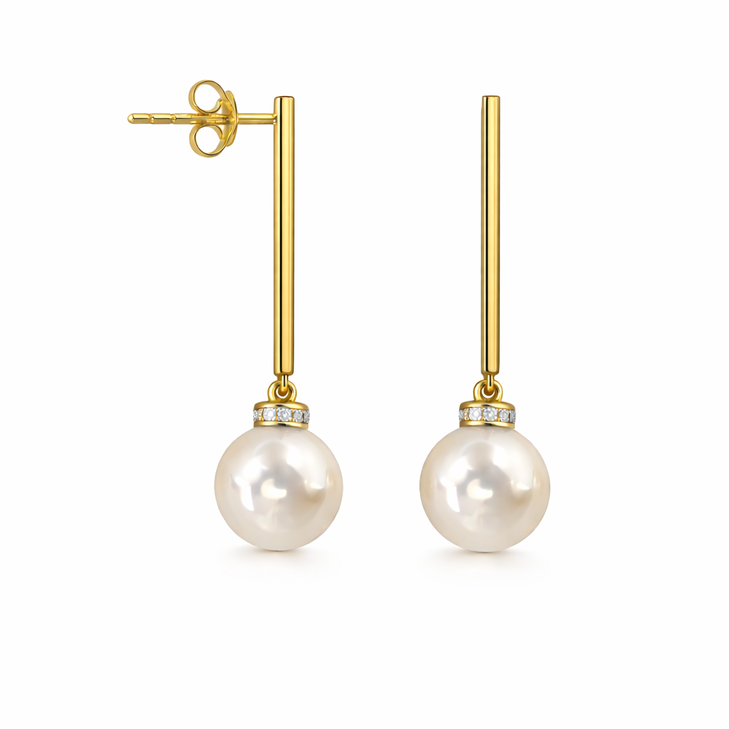 14k White Pearl and Diamond Long Bar Post Earring