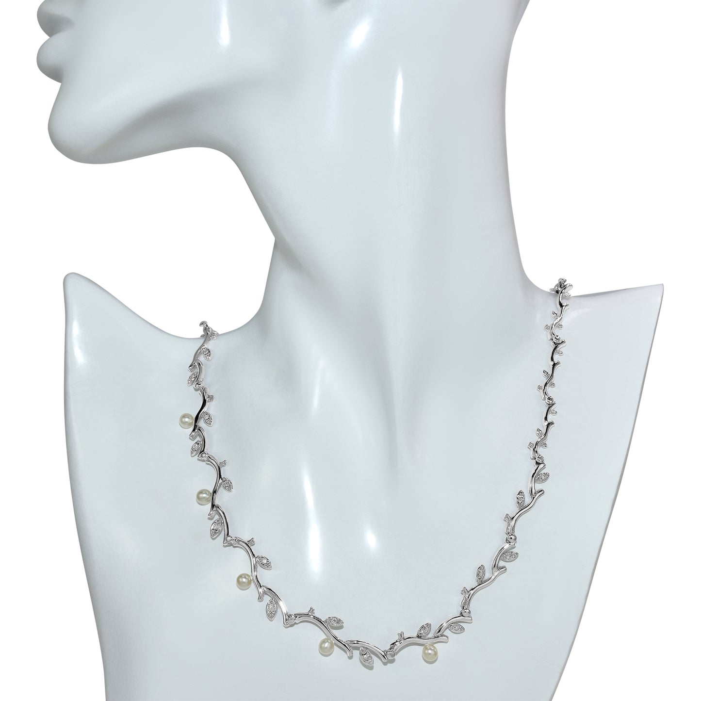 14k White Gold Fresh Water Pearl Diamond Leaf Branch Necklace