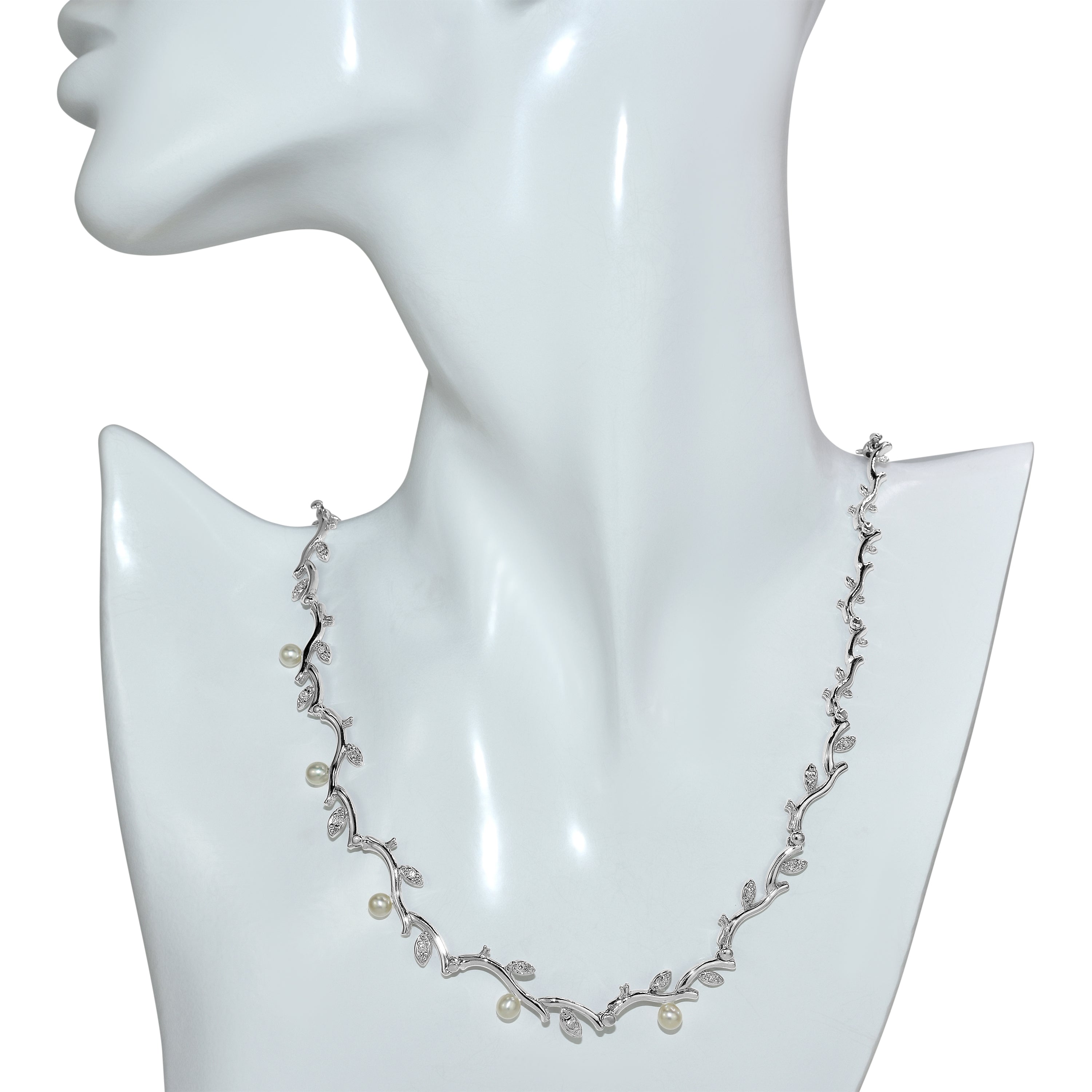14k White Gold Fresh Water Pearl Diamond Leaf Branch Necklace