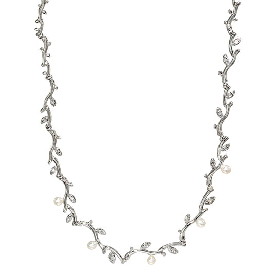 14k White Gold Fresh Water Pearl Diamond Leaf Branch Necklace