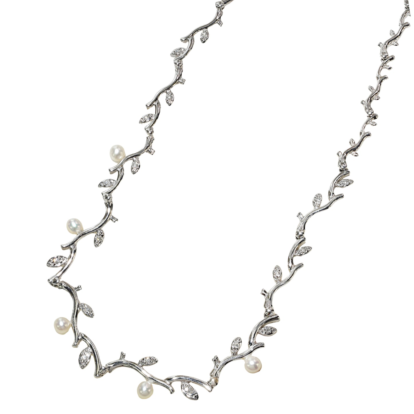 14k White Gold Fresh Water Pearl Diamond Leaf Branch Necklace