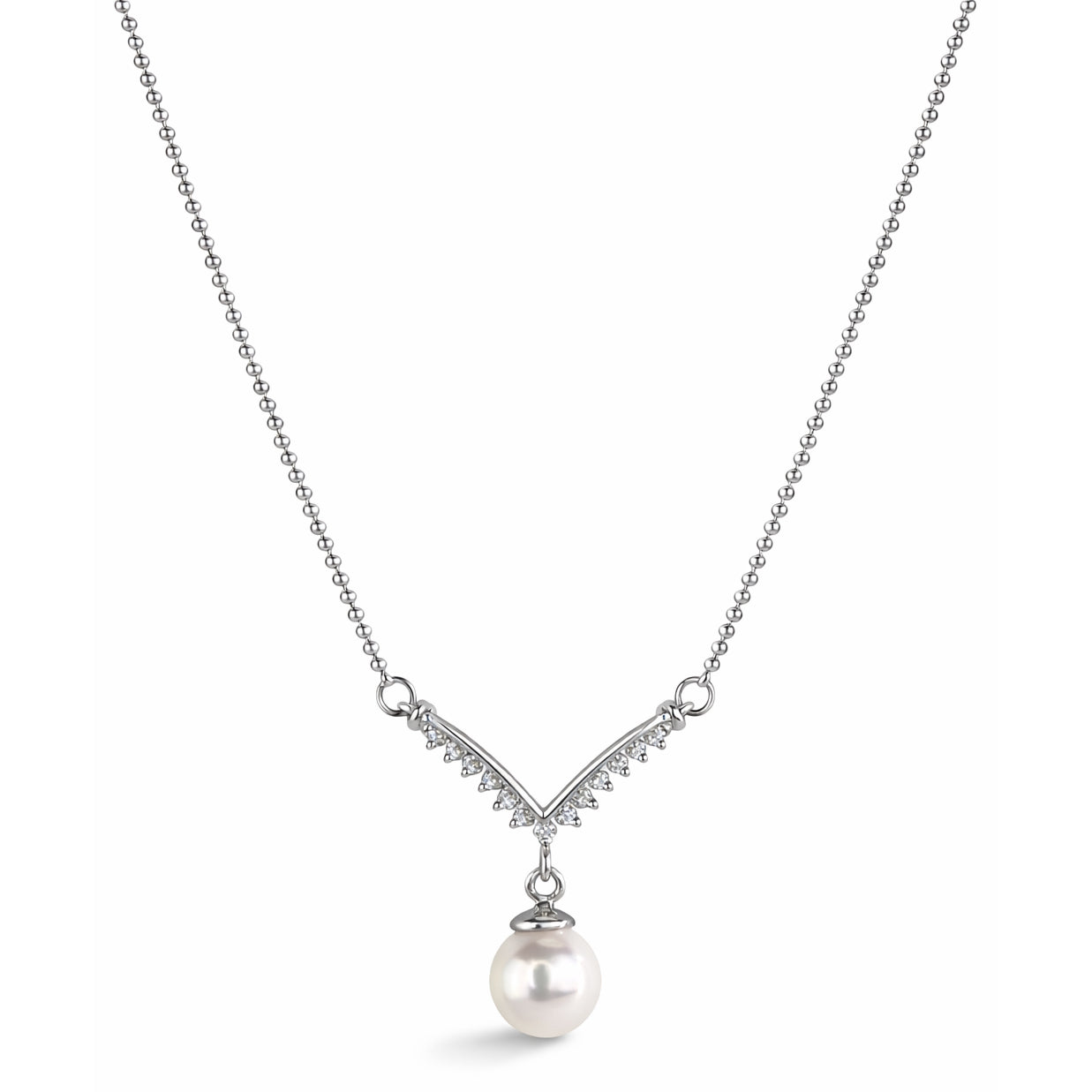 14k White Gold Japanese Cult Pearl & Diamonds Motif Necklace