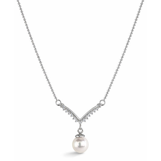 14k White Gold Japanese Cult Pearl & Diamonds Motif Necklace