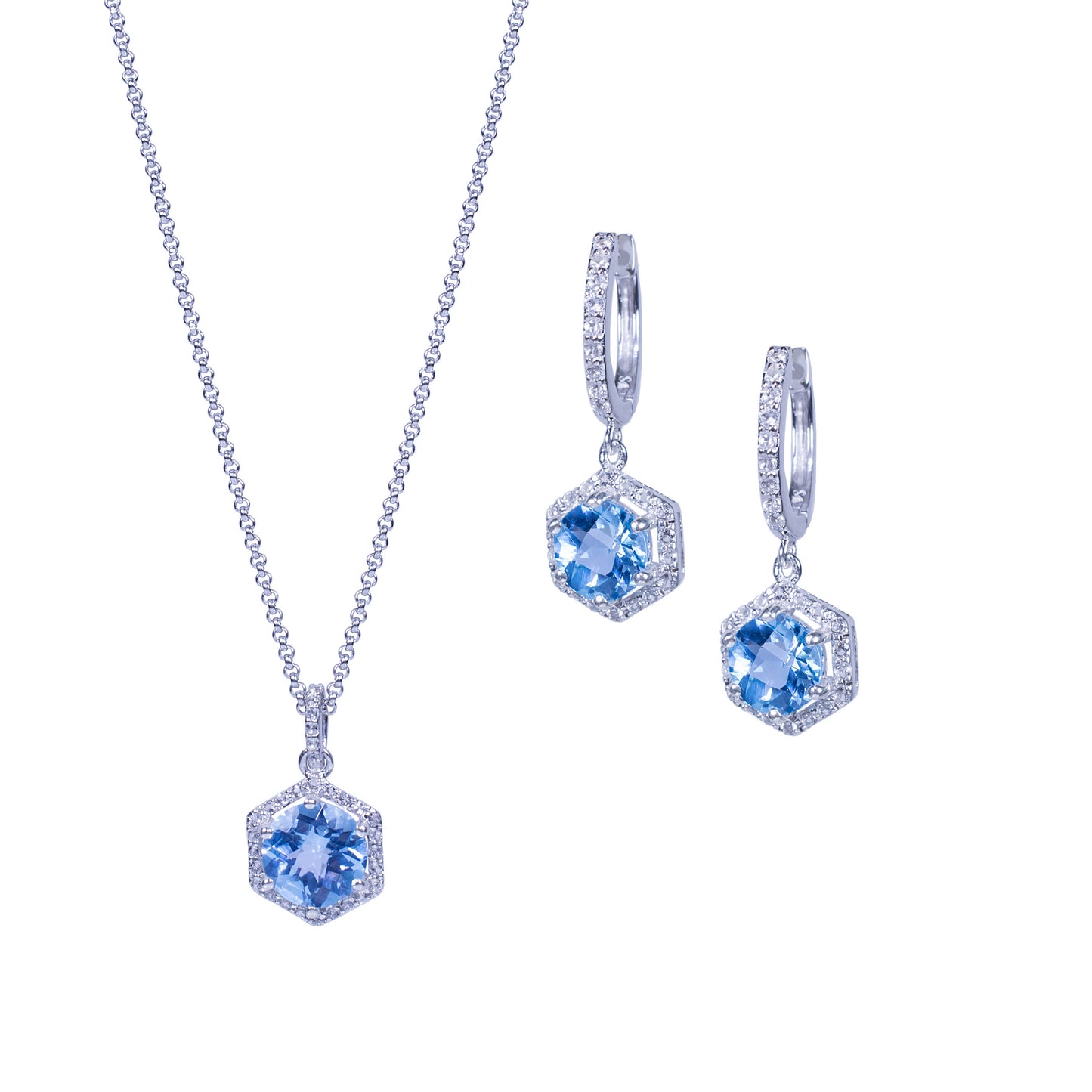 Sterling Silver Blue And White Topaz Hexagon Necklace And Earring Set