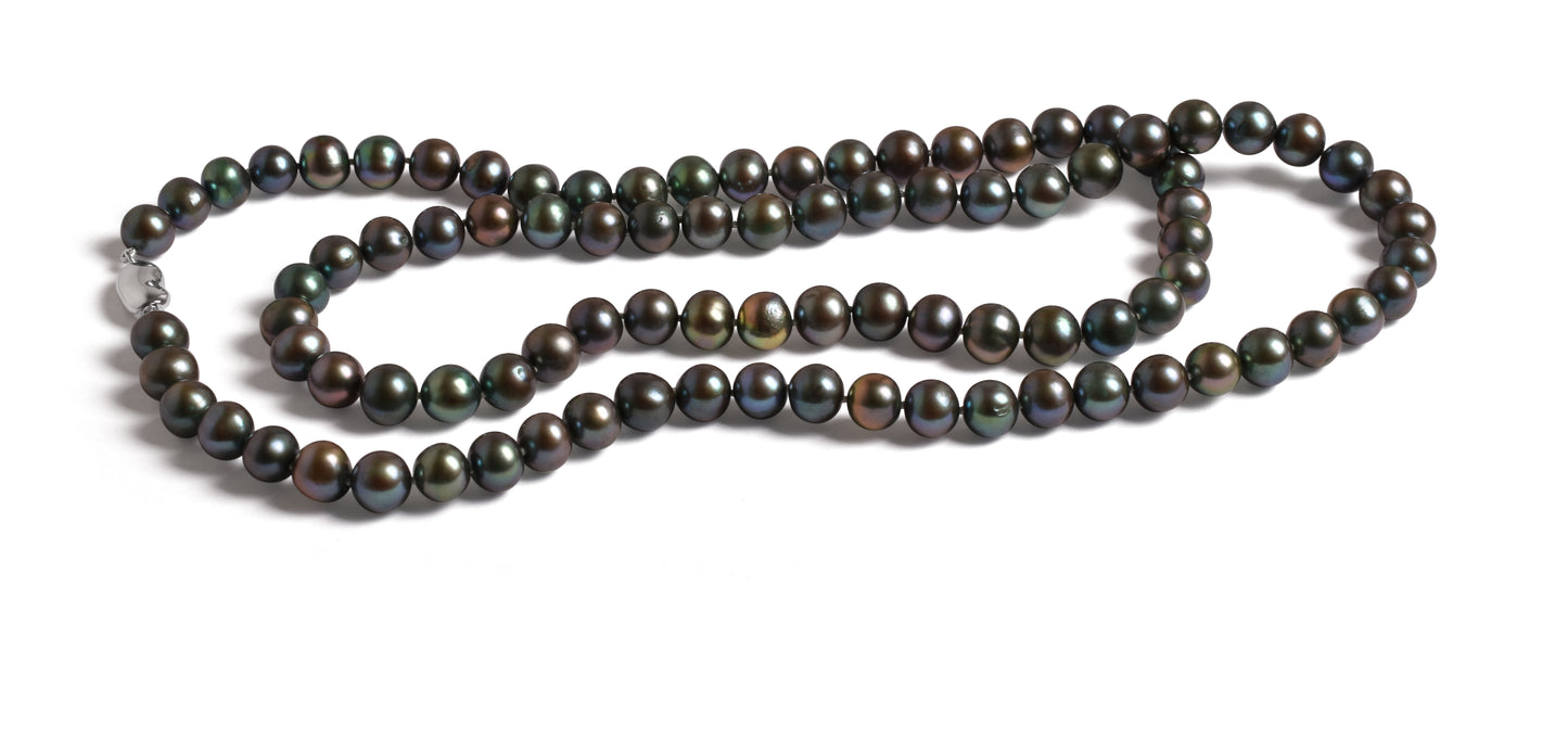 Sterling Silver Peacock Pearl Freshwater Bean Clasp Necklace 38"