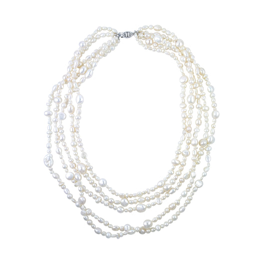 Sterling Silver White Freshwater Pearl 5 Rows Torsade Necklace