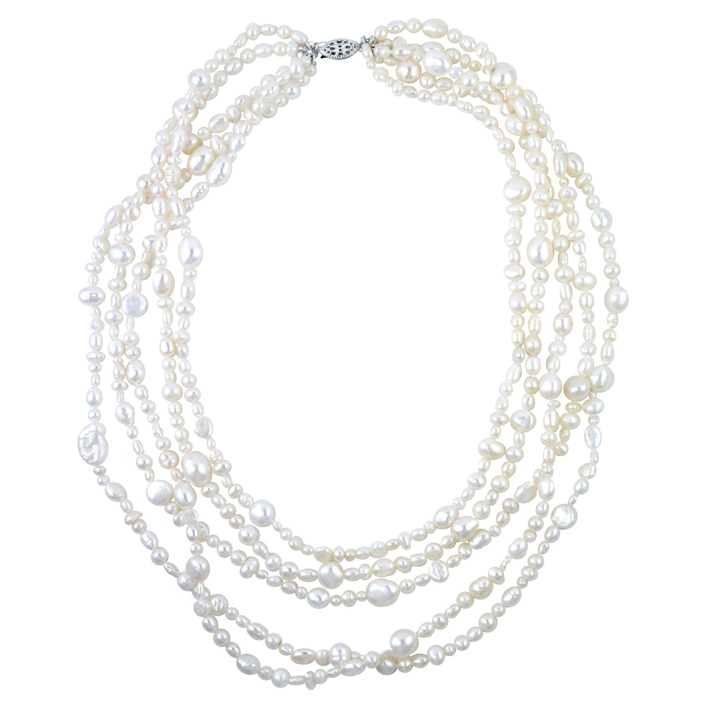 Sterling Silver White Freshwater Pearl 5 Rows Torsade Necklace