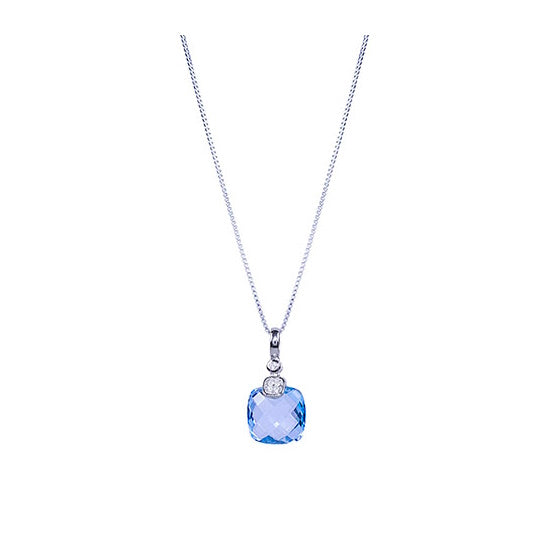 Sterling Silver Blue & White Topaz Square Pendant Necklace