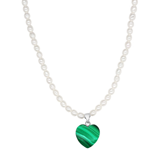 Sterling Silver White Freshwater Pearl Green Malachite Heart Pendant Necklace 18/19.5"