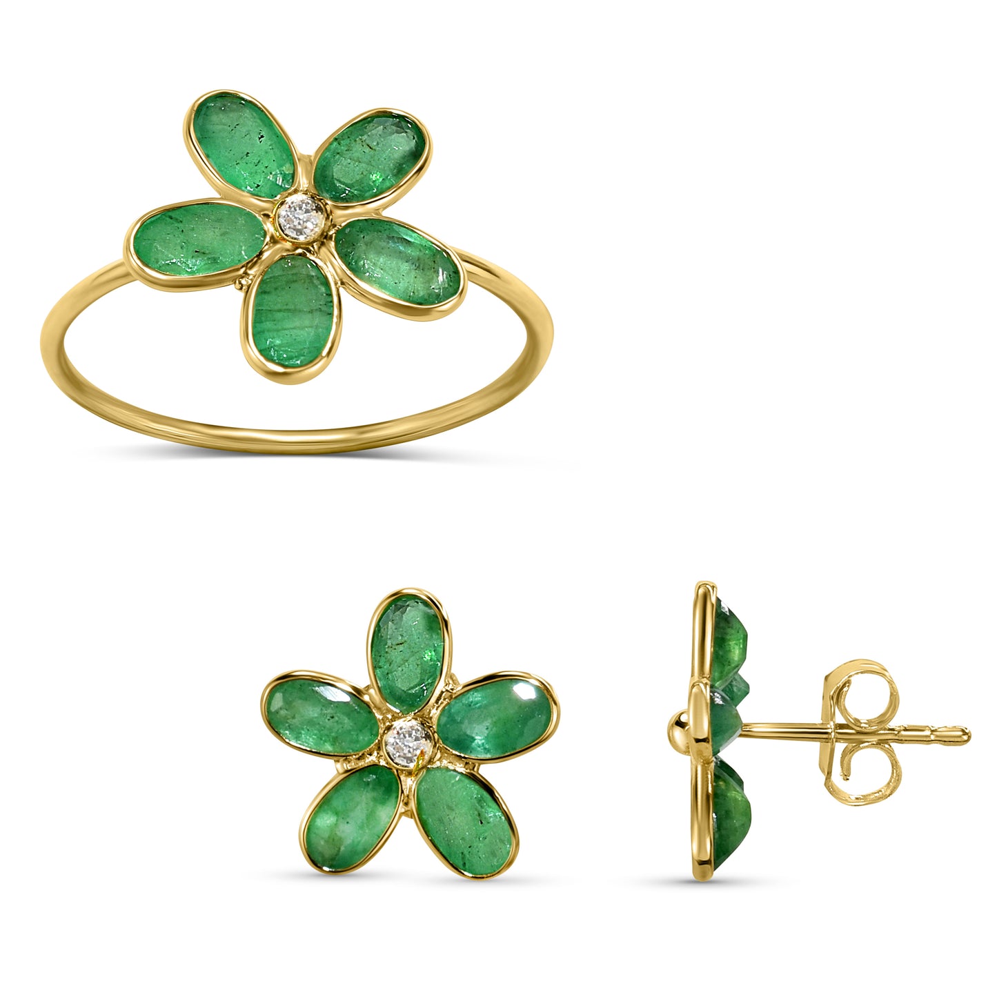 18k Emerald Diamond Flower Set