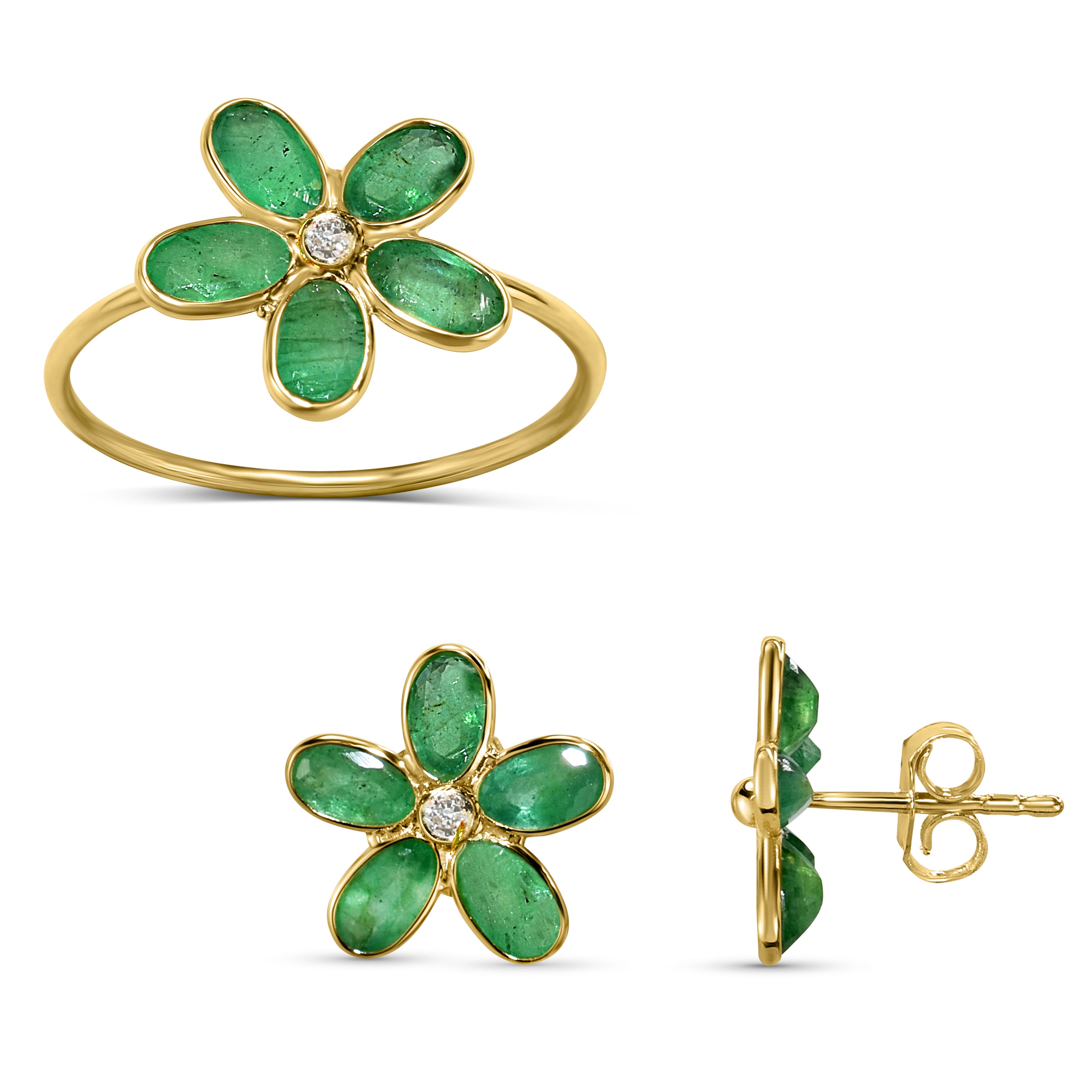 18k Emerald Diamond Flower Earring Ring Set