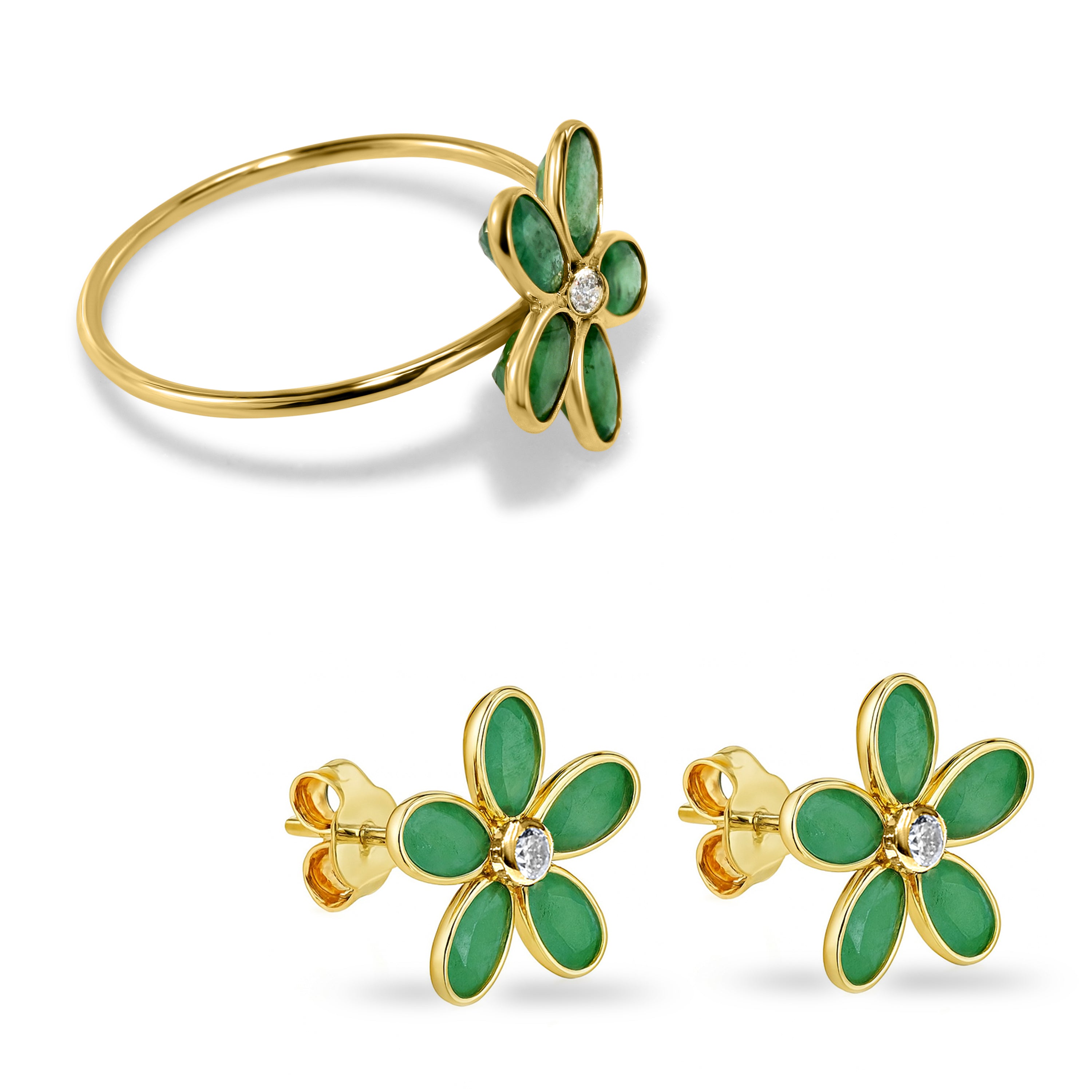 18k Emerald Diamond Flower Earring Ring Set