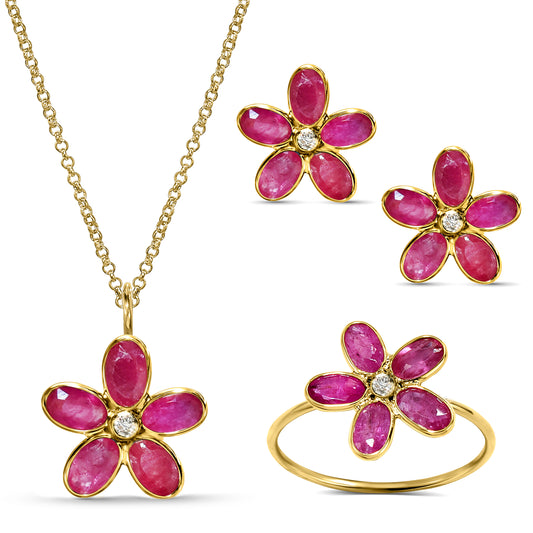 18k Ruby Diamond Flower Set