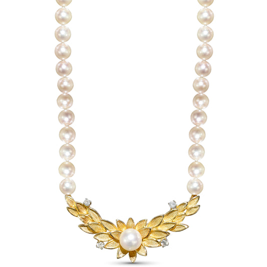 18k Japan Akoya Cultured Pearl Diamond Motif V Shape Necklace