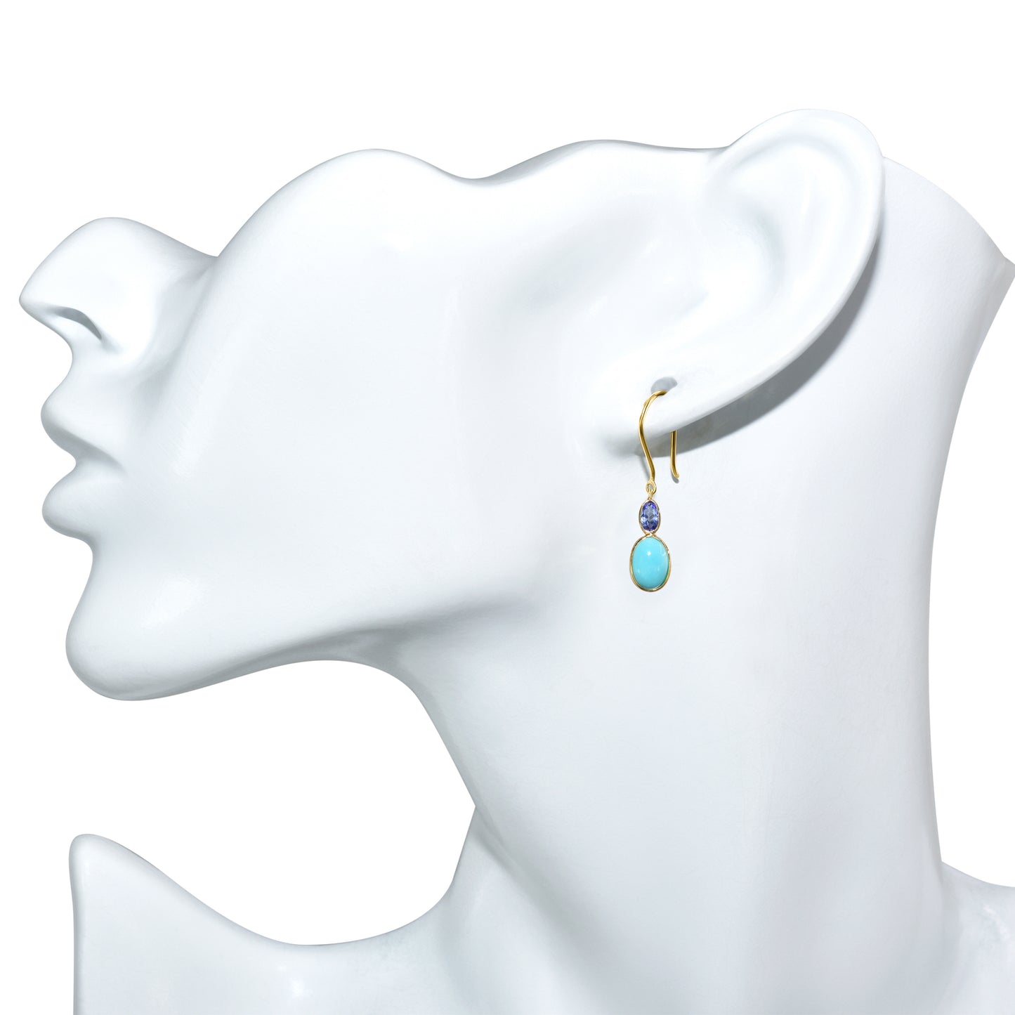 18k Oval Shaped Turquoise, Tanzanite Earring