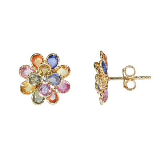 18k Multi Sapphire Diamond Flower Cluster Earring