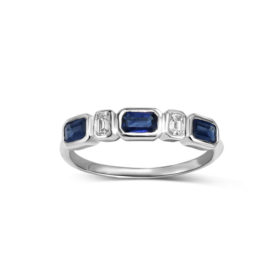 18k White Gold Sapphire Emerald Cut Diamond Baguette Ring