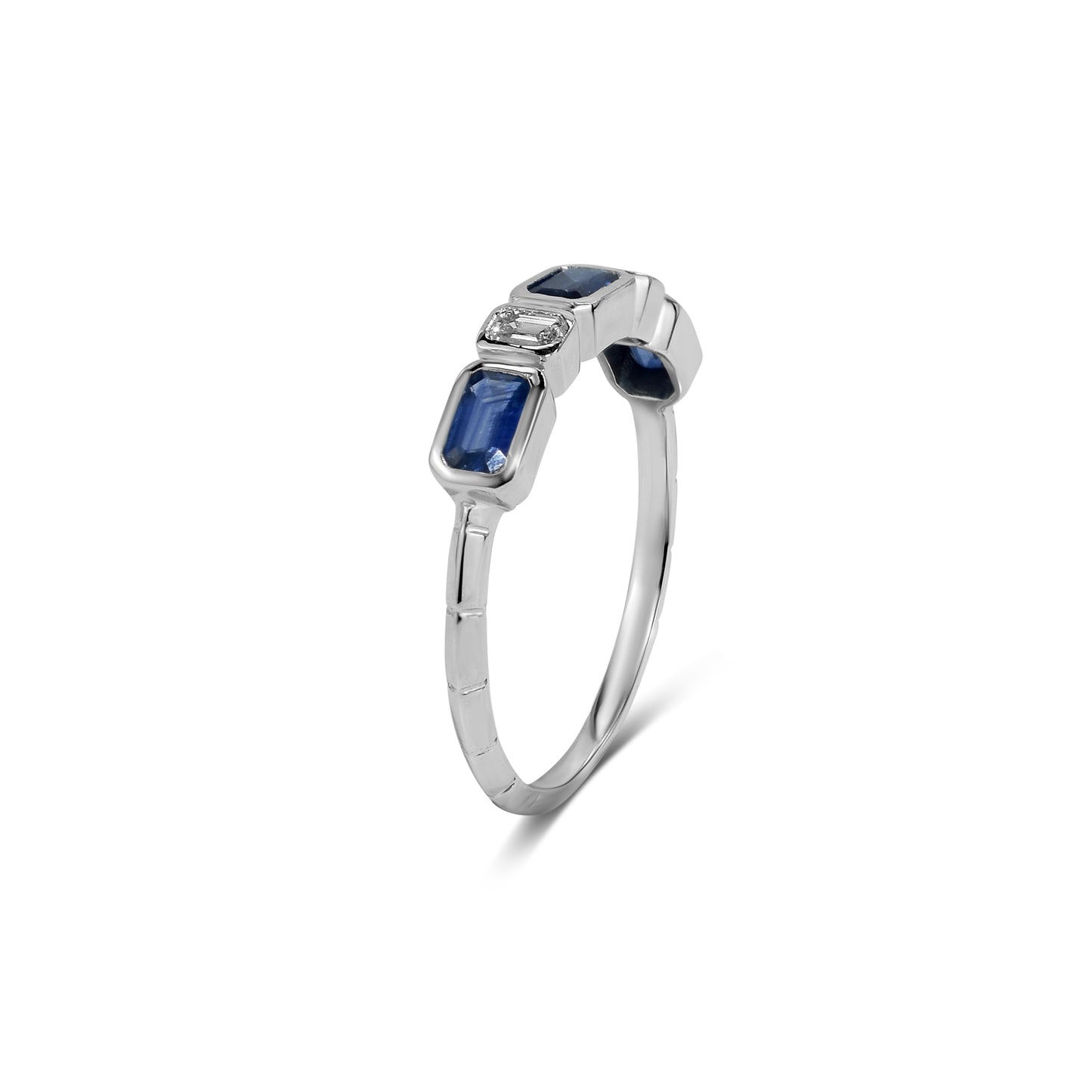 18k White Gold Sapphire Emerald Cut Diamond Baguette Ring Size 7